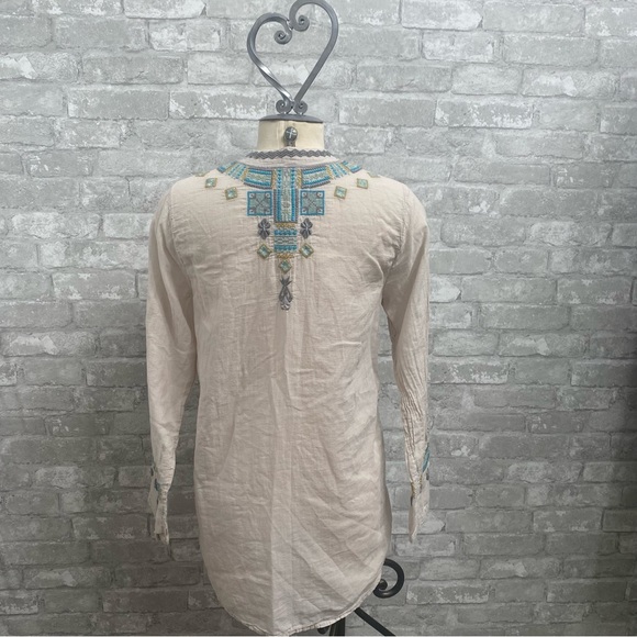 Johnny Was Biya Cream and Blue Mixed Print Long Sleeve Tunic - Picture 10 of 13